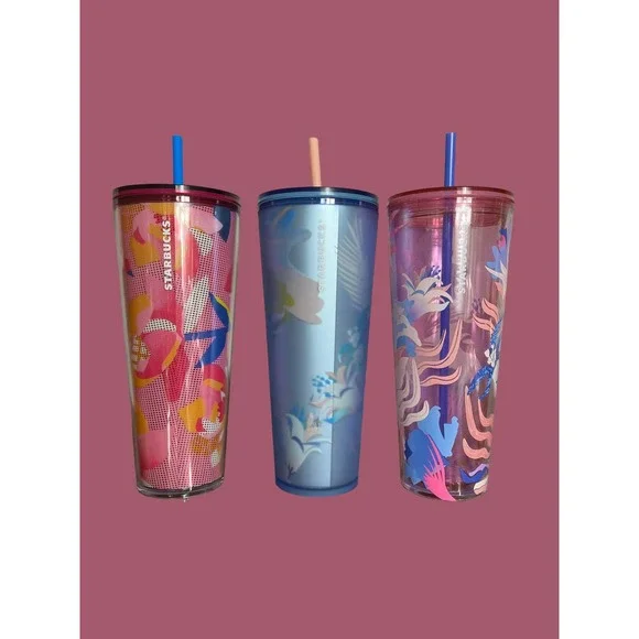 Lot of 3 Starbucks 2023 SPRING FLOWER Venti Cold Cup Tumblers | Pink Blue Floral - Picture 2 of 15